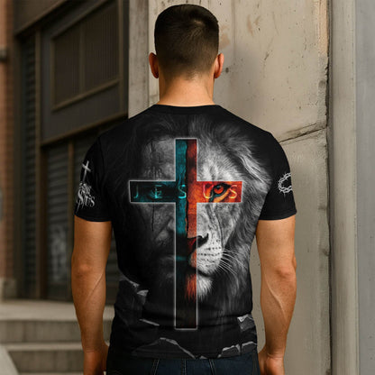 Jesus Is King Lion & Cross Storm Design T-Shirt