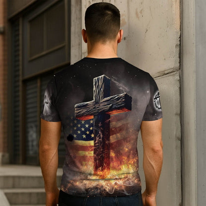 One Nation Under God Fiery Lion Cross Christian T-Shirt