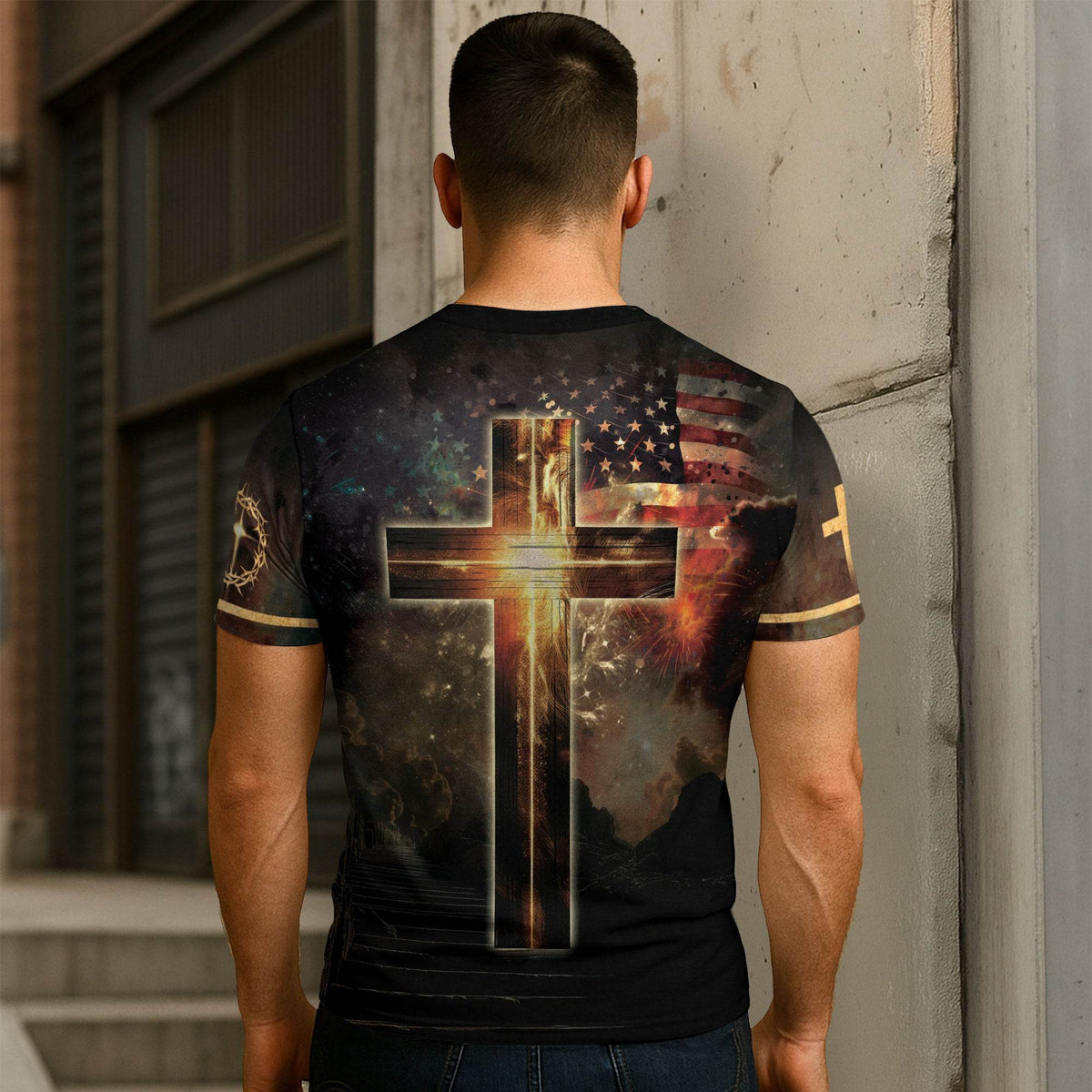 One Nation Under God Lion Cross American Flag T-Shirt