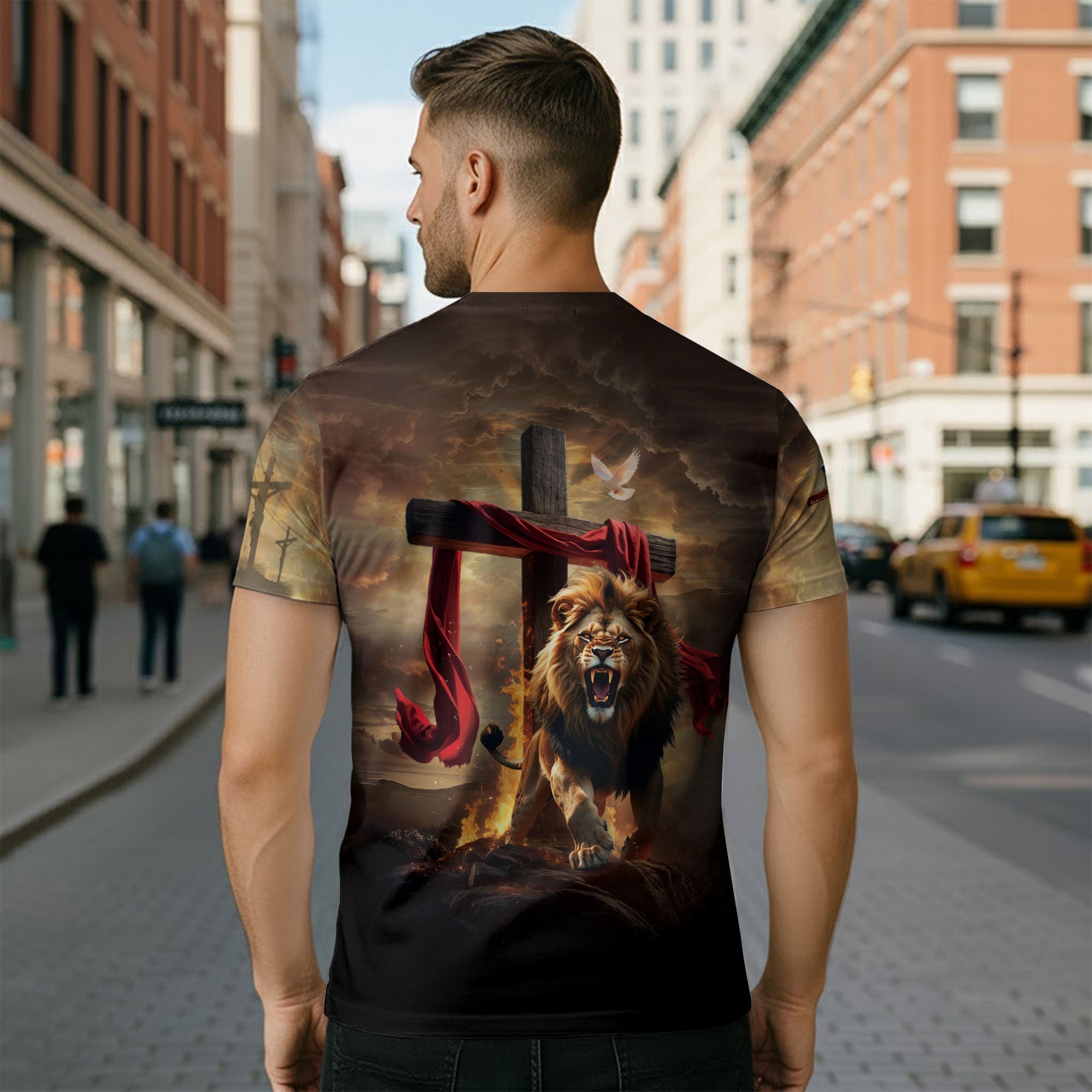 Faith Over Fear Christian T-Shirt Lion Cross Sunset Design