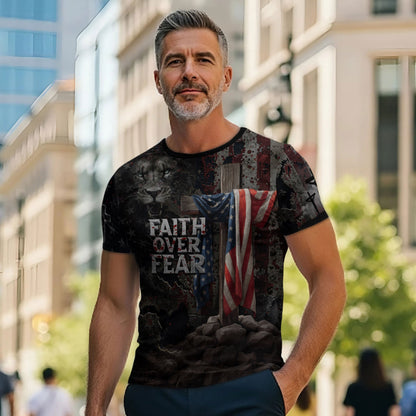 Faith Over Fear American Flag Cross Jesus Lion Of Judah Christian Patriotic T-Shirt
