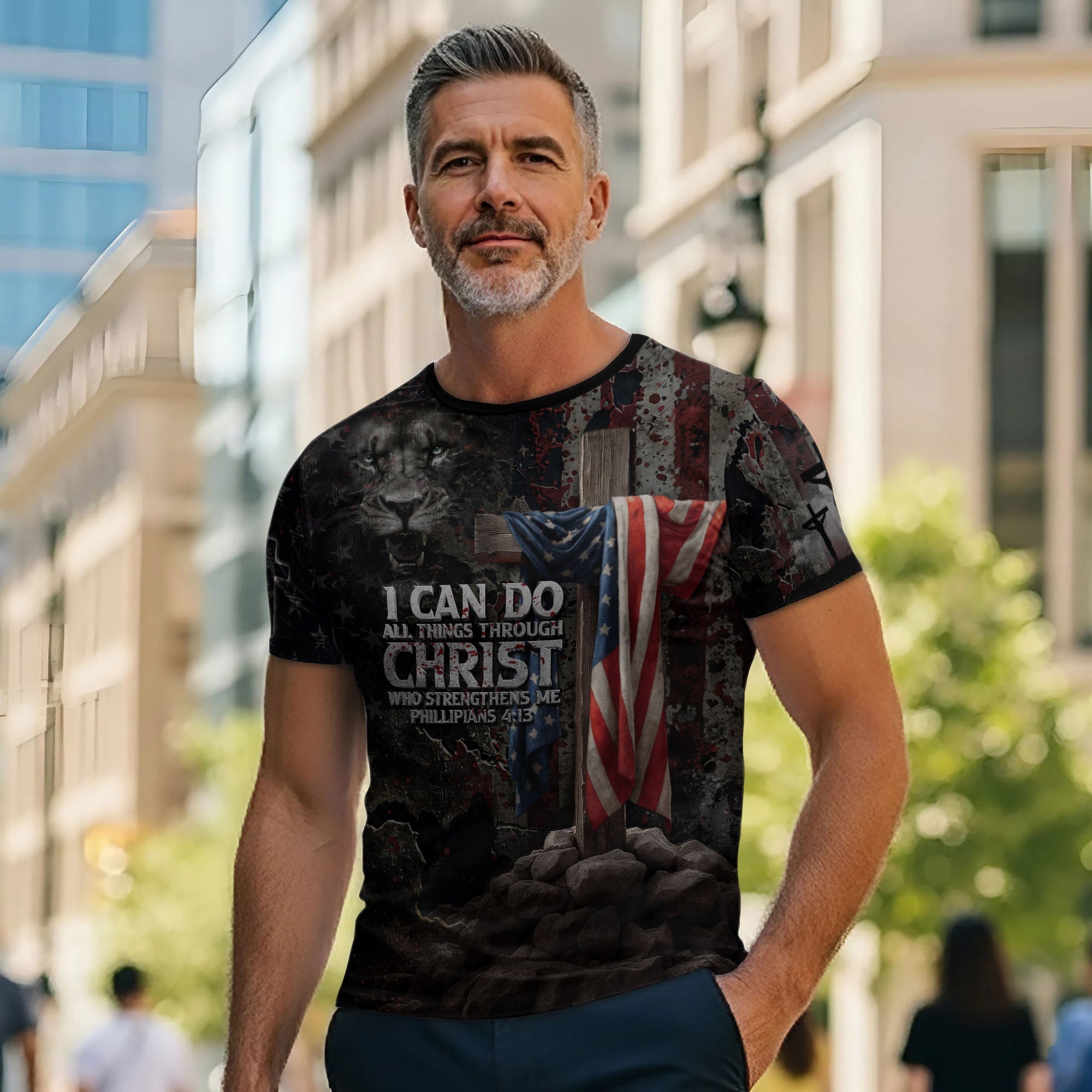 I Can Do All Things Through Christ American Flag Cross Jesus Lion Christian T-shirt