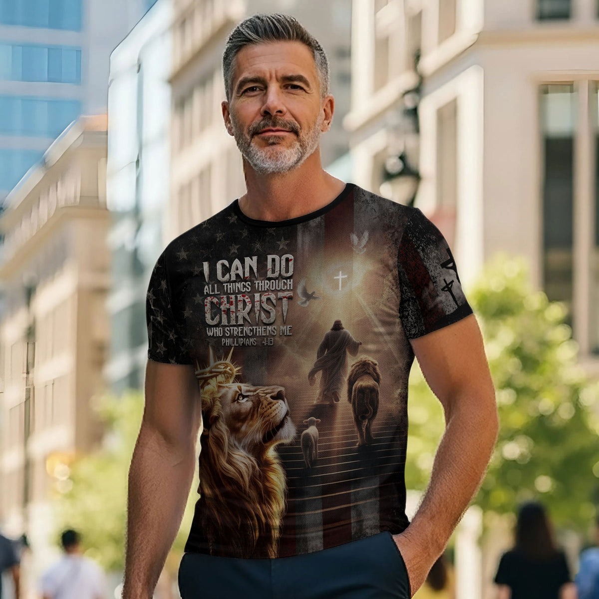 I Can Do All Things Through Christ Lion of Judah American Flag Christian T-Shirt