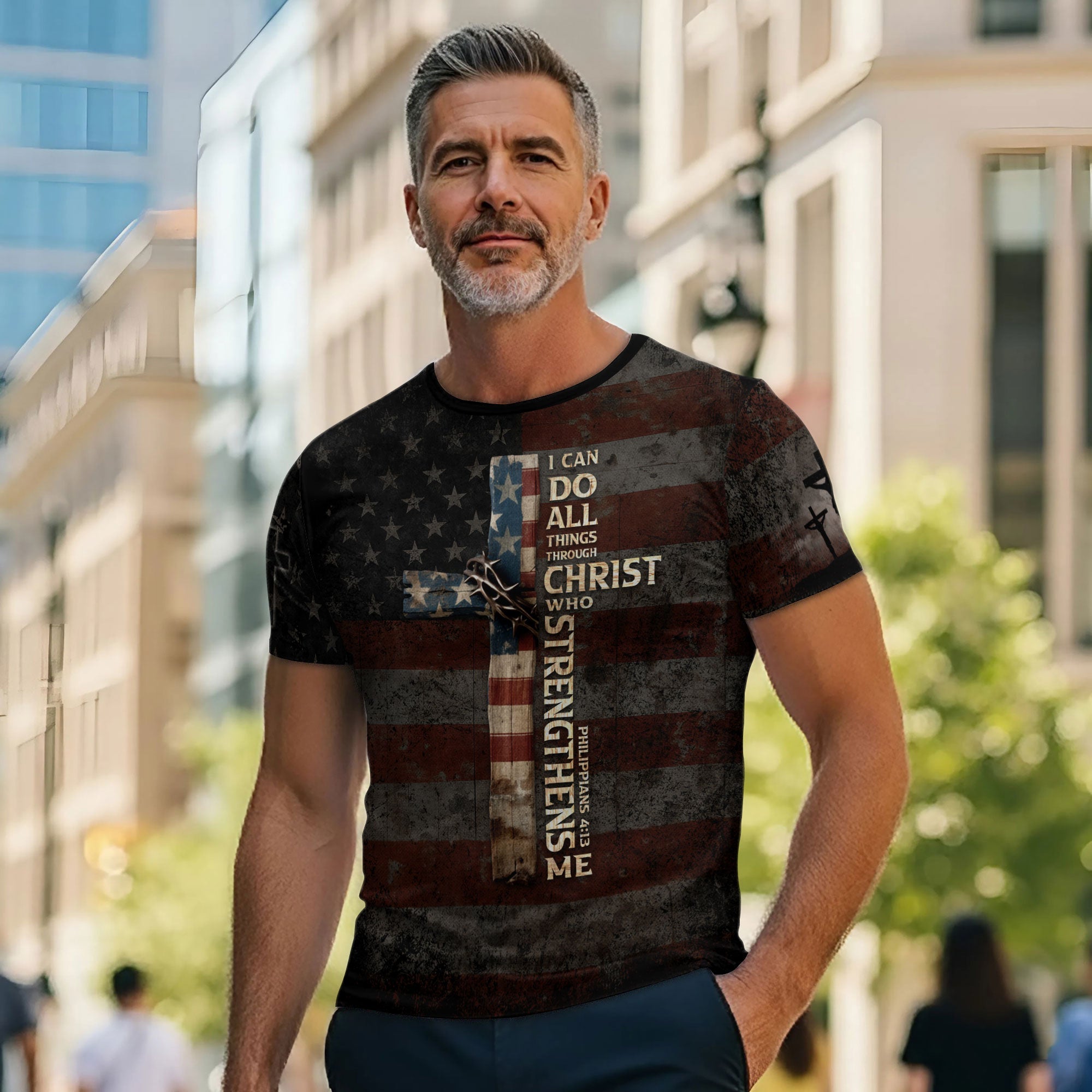 I Can Do All Things Through Christ Cross American Flag Jesus Lion T-Shirt