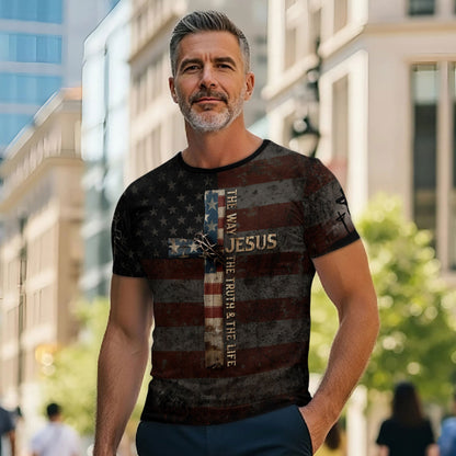 Jesus The Way The Truth The Life Cross American Flag Lion Christian T-Shirt