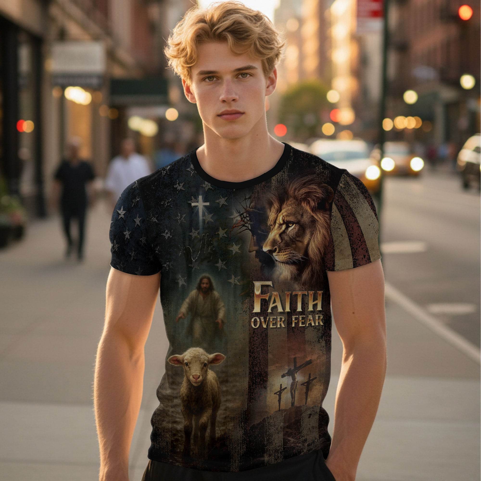 Faith Over Fear Lion & Lamb Christian Cross T-Shirt