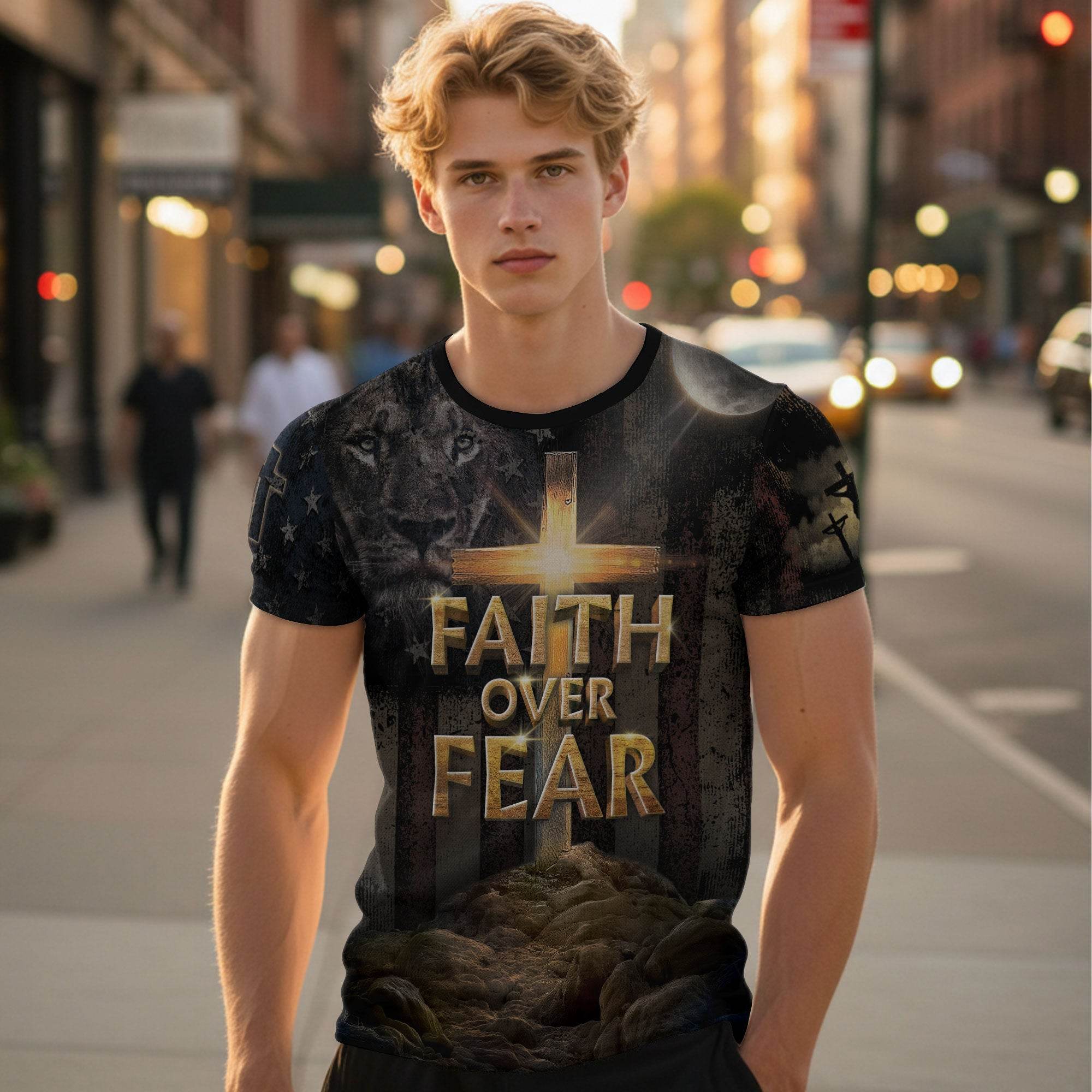 Faith Over Fear | Cross of Light & Warrior Lion Christian Shirt