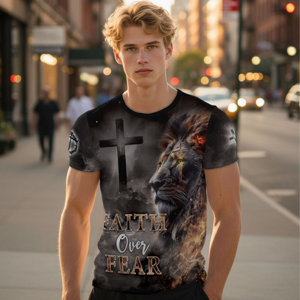 Faith Over Fear T-Shirt – Lion and Cross Full Print Design