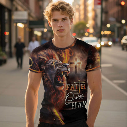 Faith Over Fear Fiery Lion & Cross Christian T-Shirt