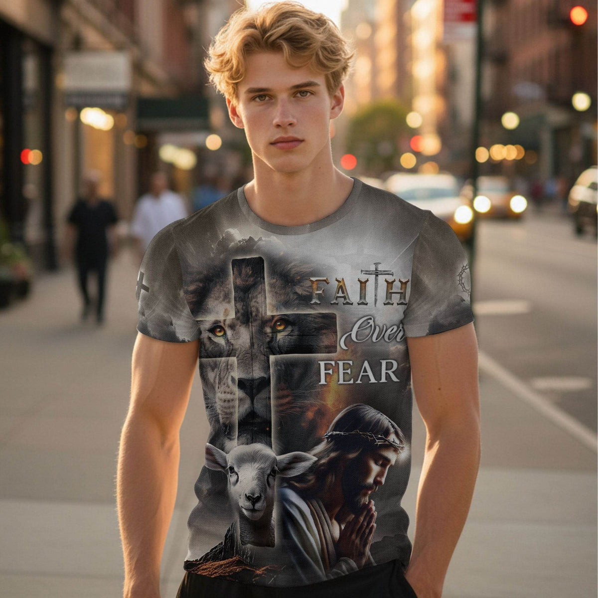 Faith Over Fear Lion Cross & Lamb Christian T-Shirt