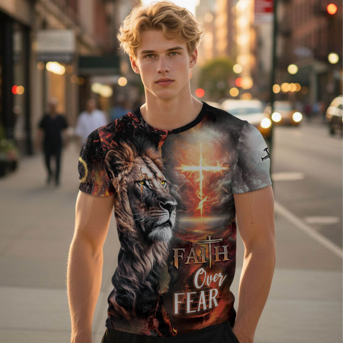 Lion & Fiery Cross Christian T-Shirt – Faith Over Fear Design