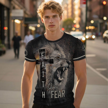 Roaring Lion & Cross Faith Over Fear Christian T-Shirt