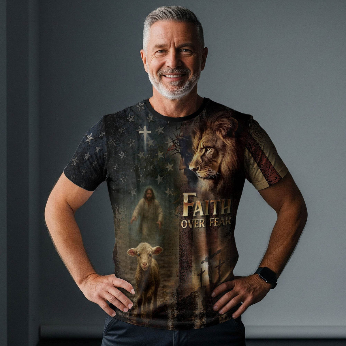 Faith Over Fear Lion & Lamb Christian Cross T-Shirt