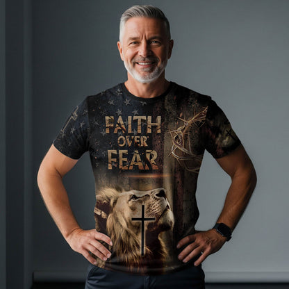 Faith Over Fear | Rugged Cross & Warrior Lion Patriotic Tee