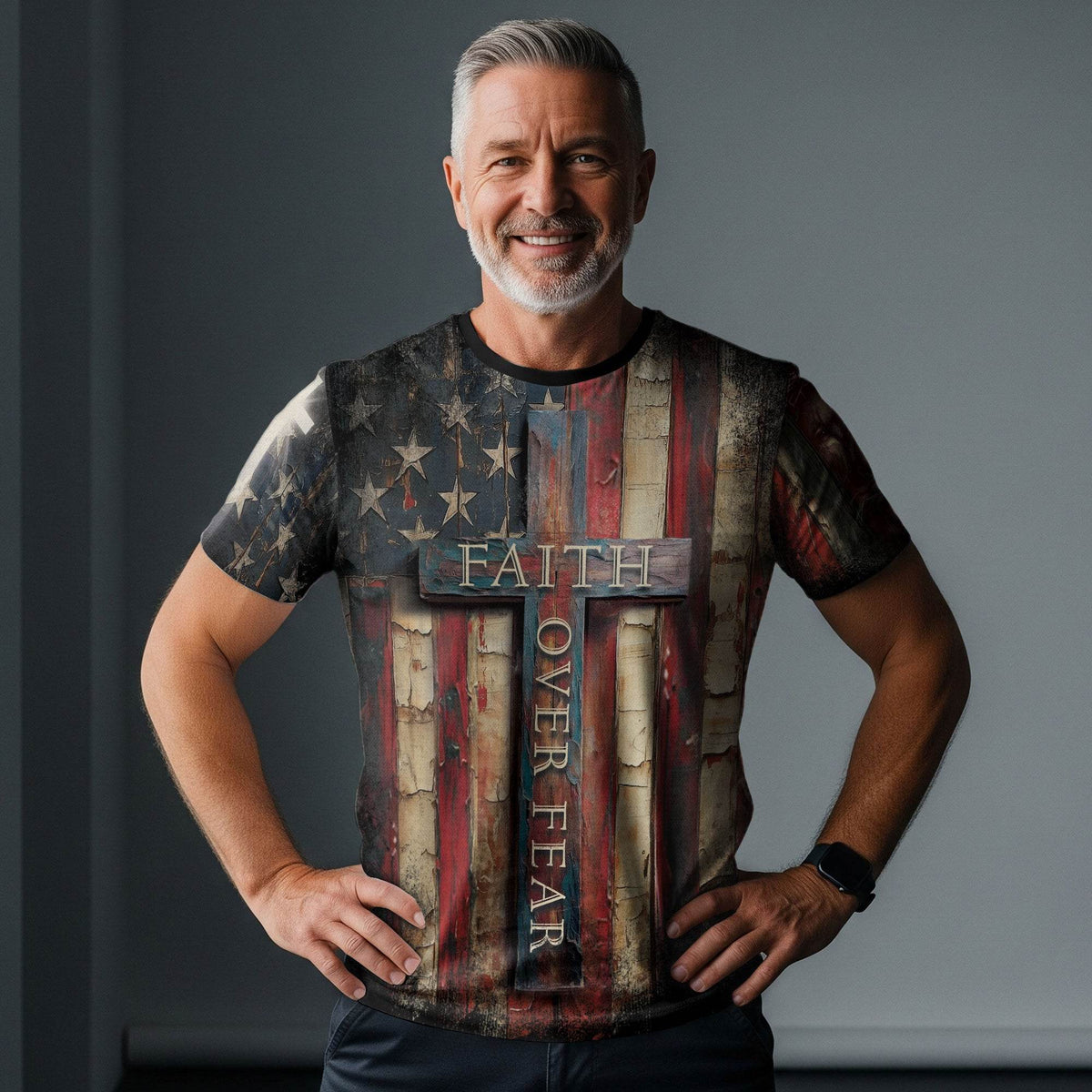Faith Over Fear Cross Shirt – Rustic American Flag Christian Tee