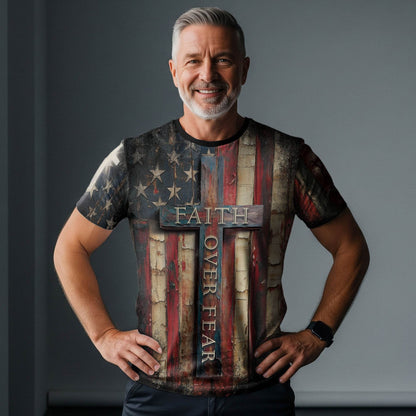 Faith Over Fear Cross Shirt – Rustic American Flag Christian Tee