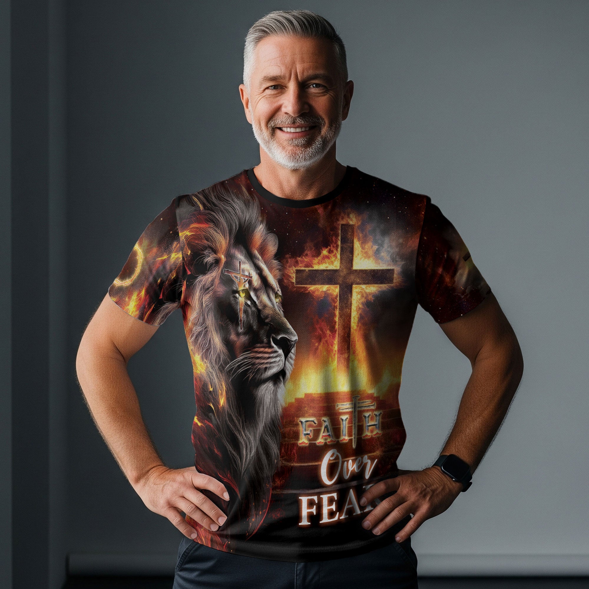 Fiery Cross & Lion Faith Over Fear T-Shirt