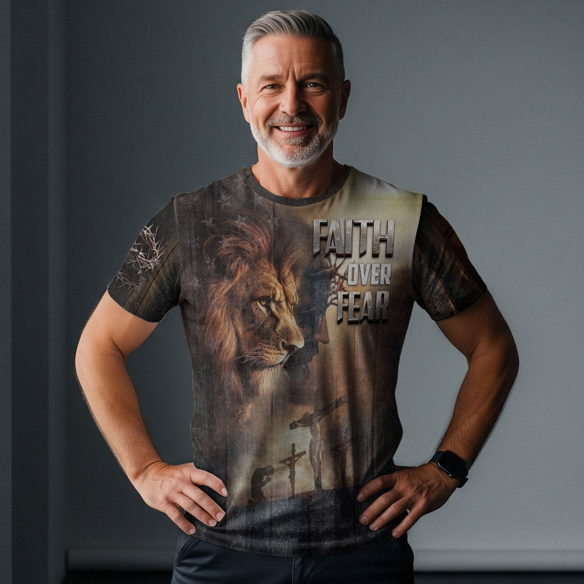 Faith Over Fear Lion & Cross Patriotic T-Shirt