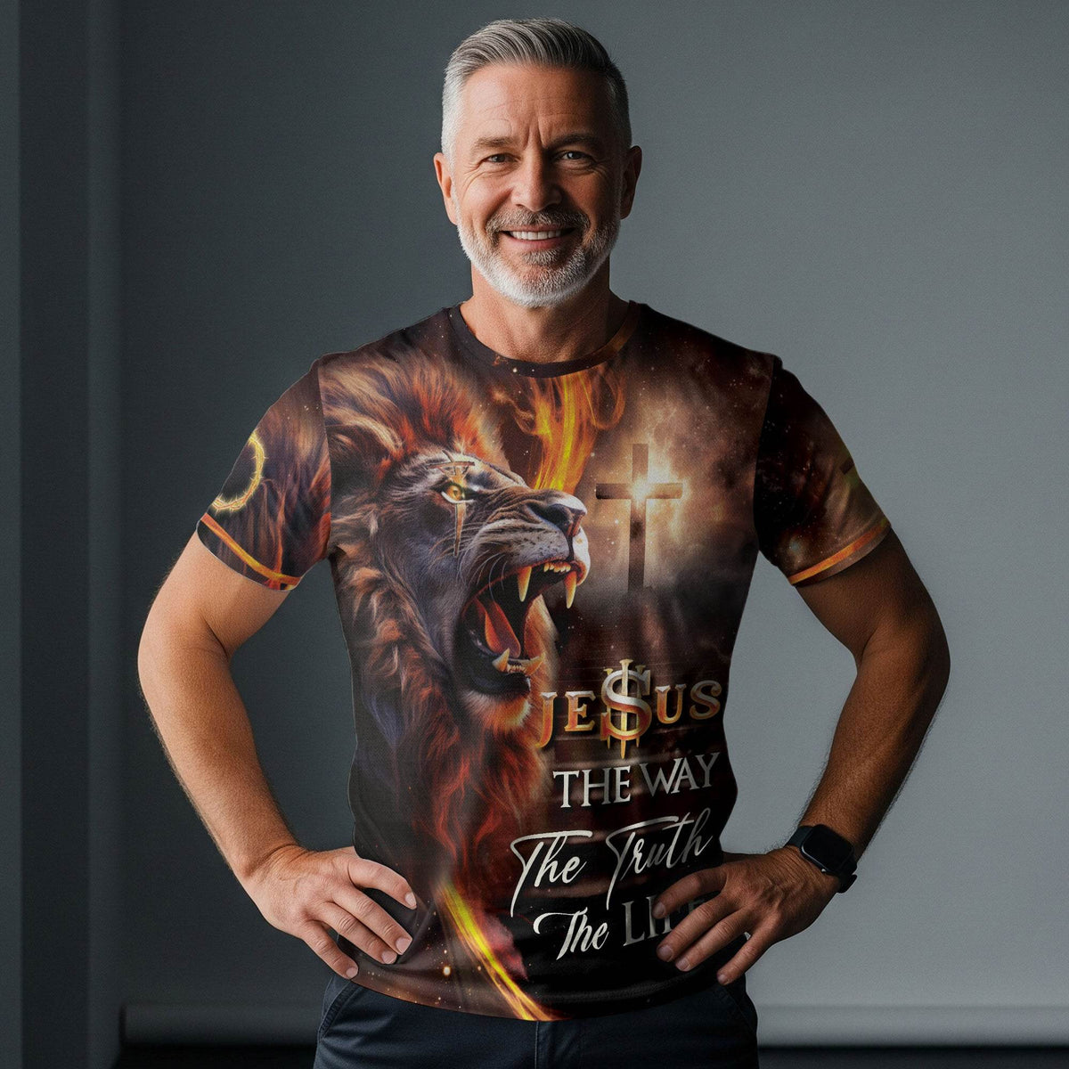 Jesus The Way The Truth The Life Cross & Lion Fire T-Shirt