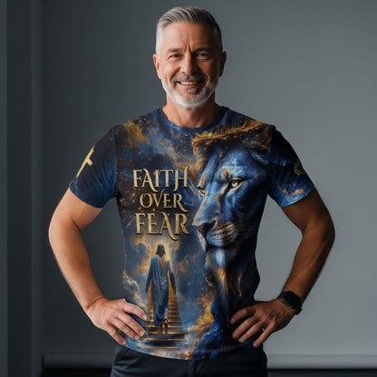 Faith Over Fear Blue Lion & Jesus Ascending Stairs Christian T-Shirt