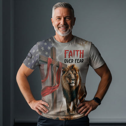 Faith Over Fear American Flag Lion & Cross Christian T-Shirt