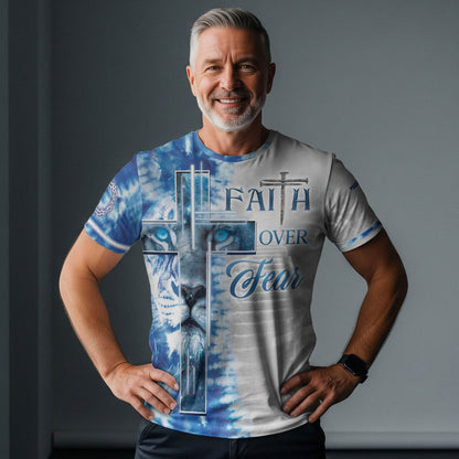 Faith Over Fear Blue Lion Cross Christian T-Shirt