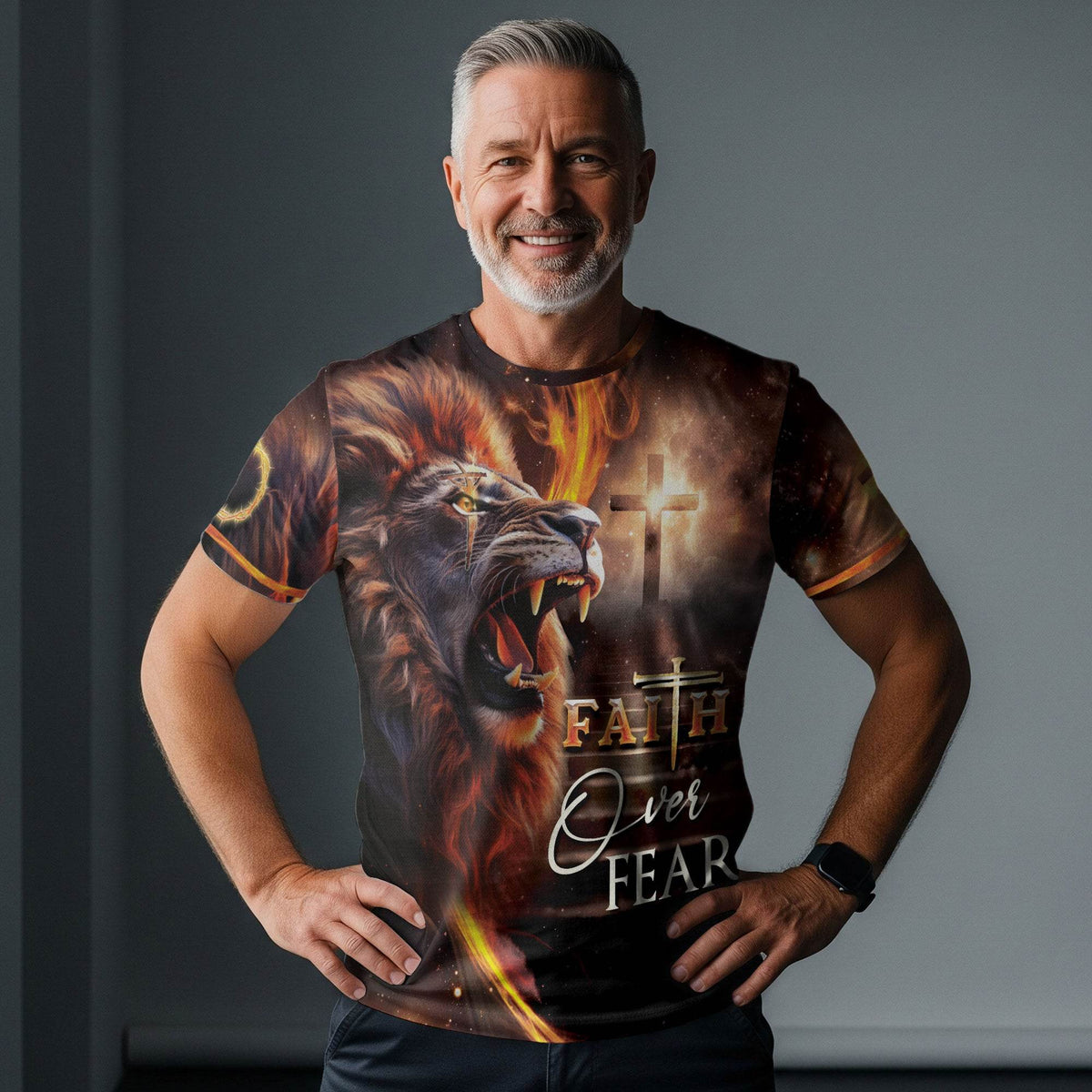 Faith Over Fear Fiery Lion & Cross Christian T-Shirt