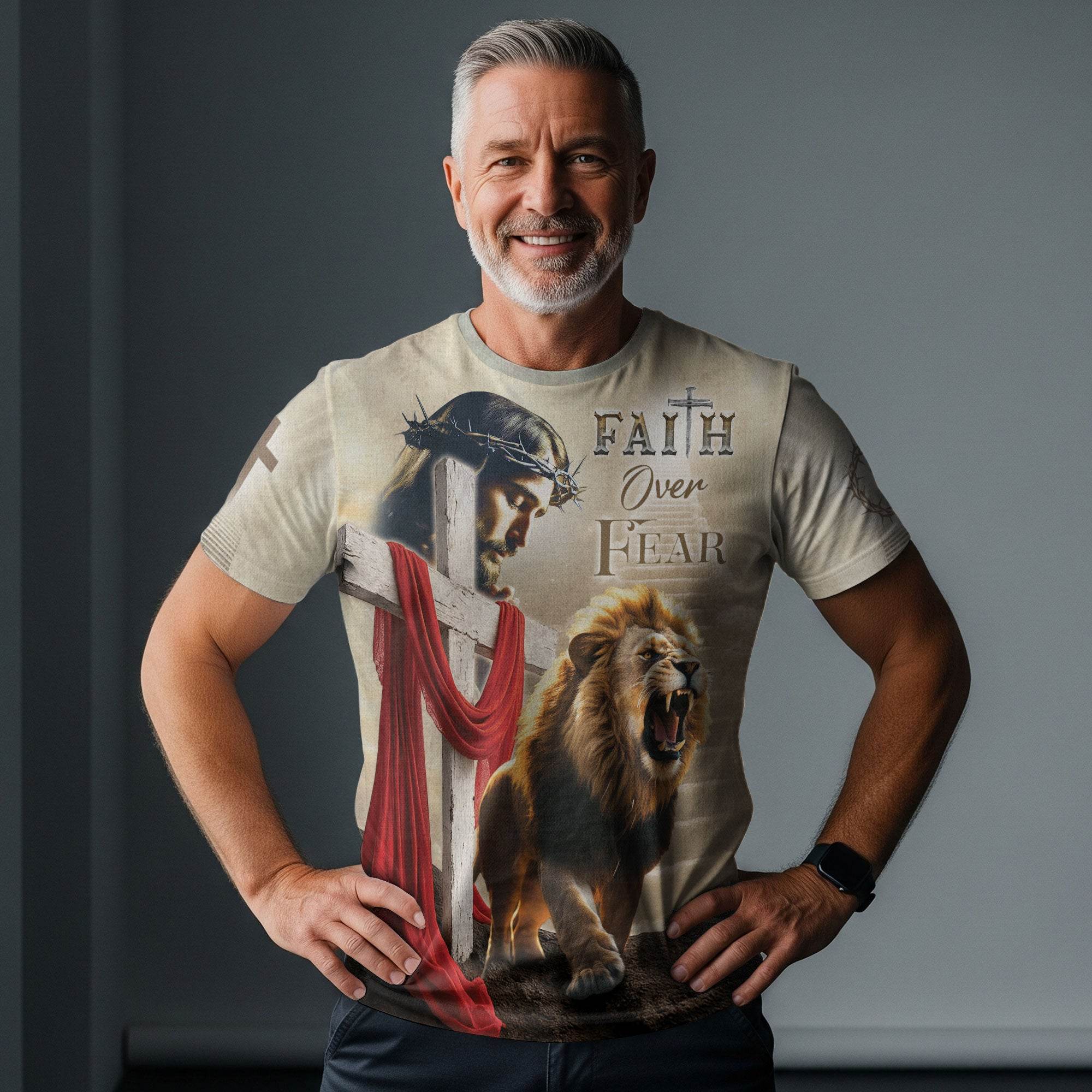 Faith Over Fear Jesus & Lion with Red Drape Christian T-Shirt