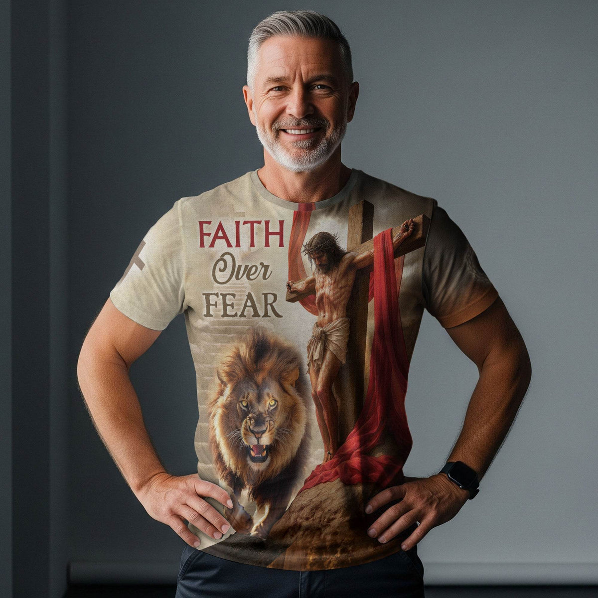 Faith Over Fear Jesus Lion & Cross Christian T-Shirt