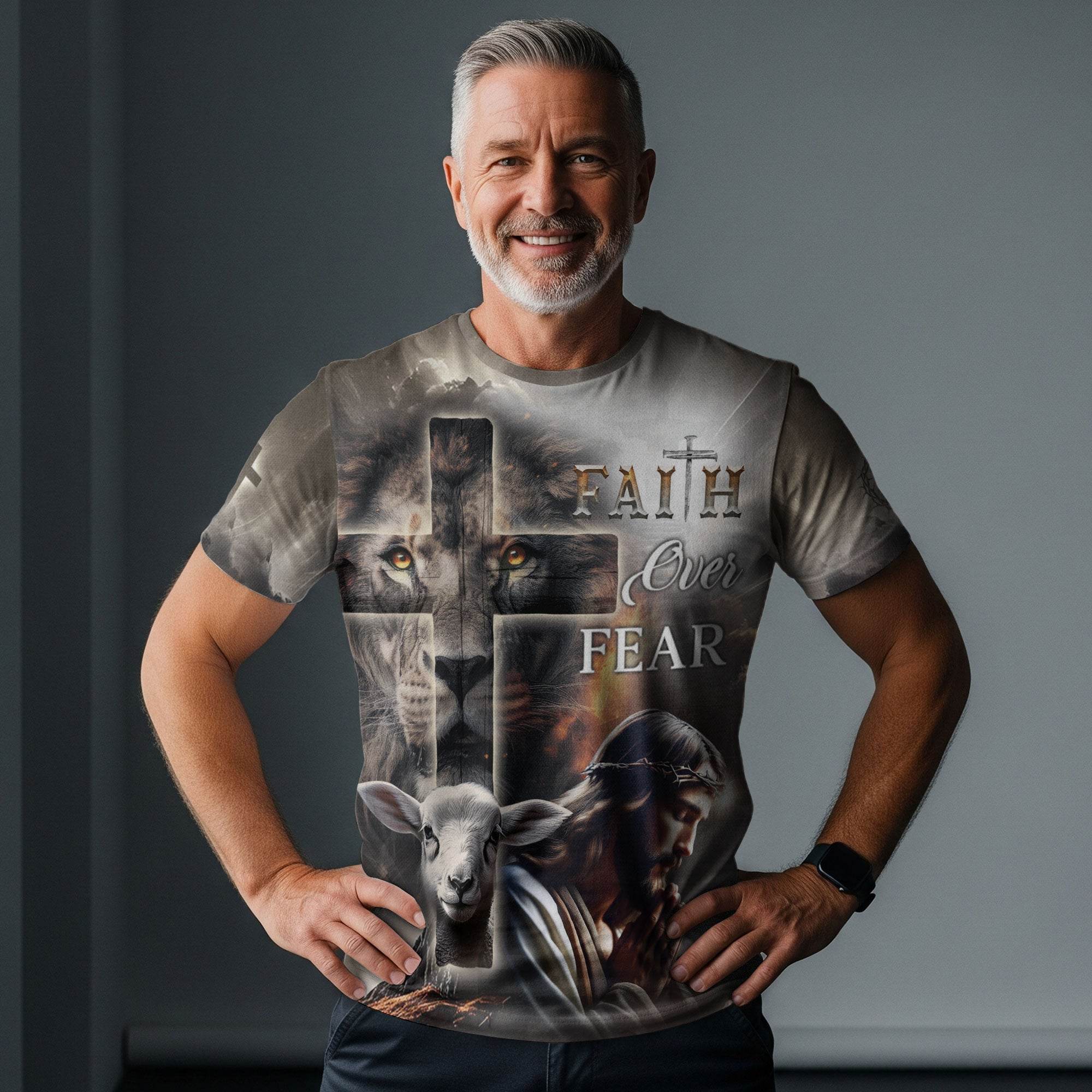 Faith Over Fear Lion Cross & Lamb Christian T-Shirt