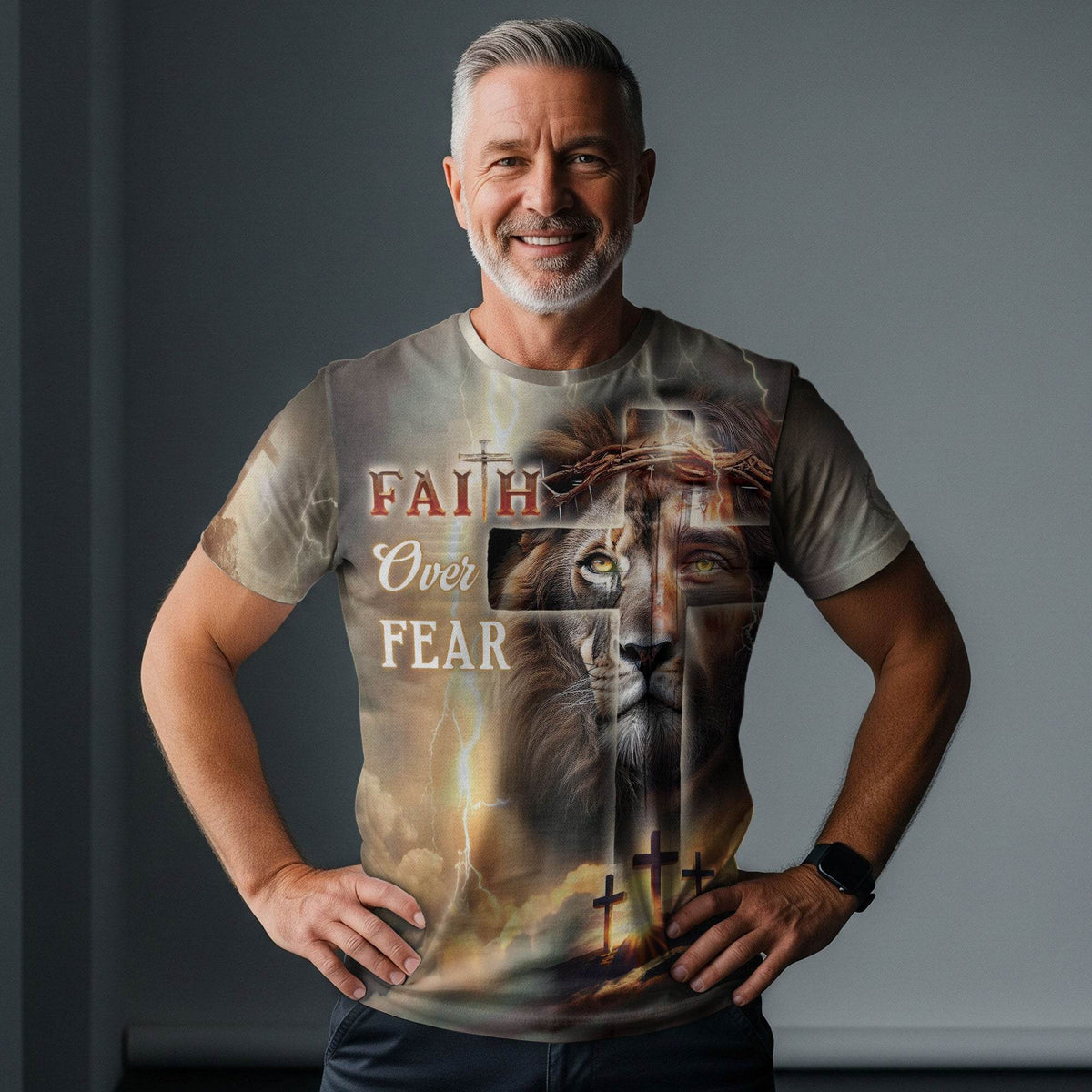 Faith Over Fear Lion & Cross Lightning Christian T-Shirt