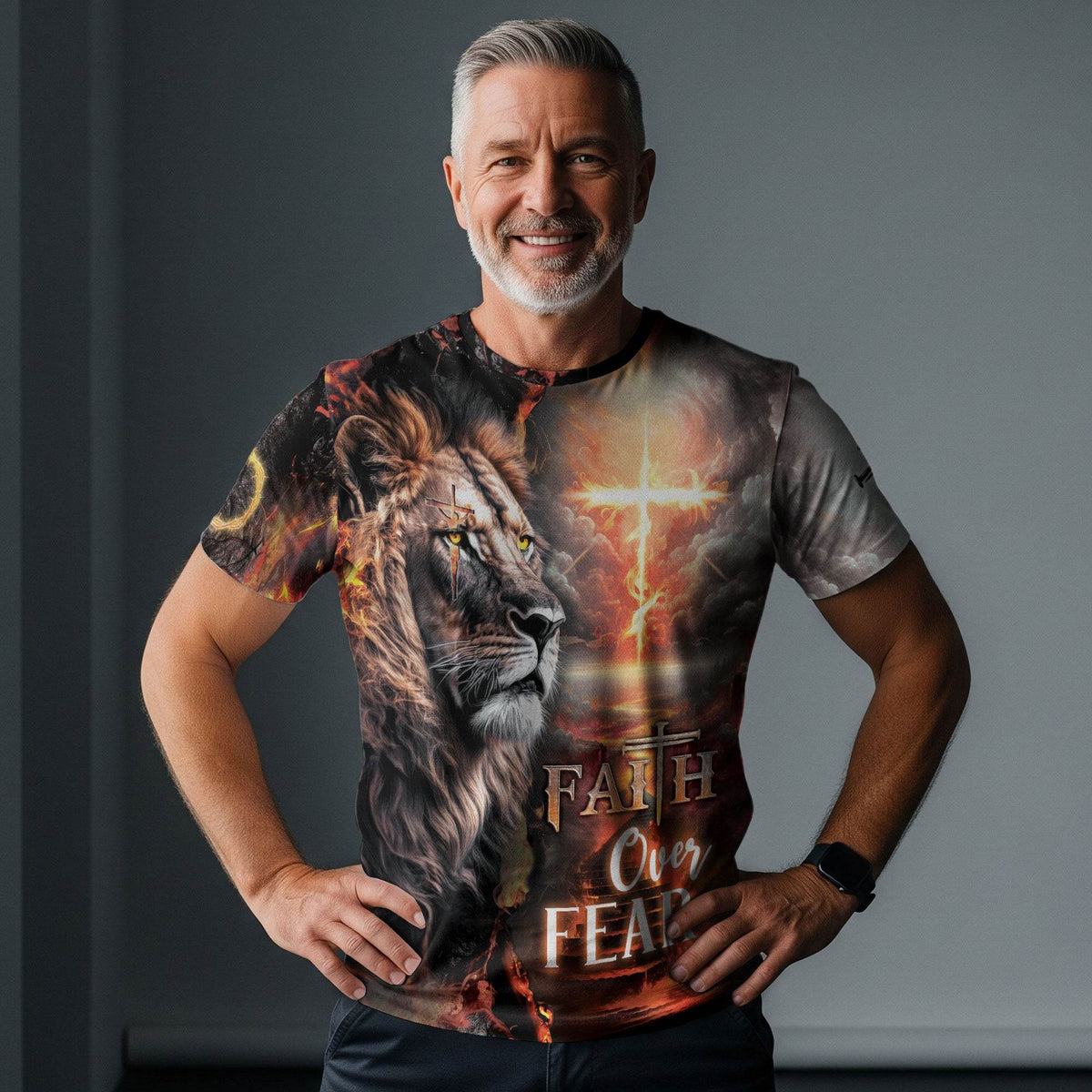 Lion & Fiery Cross Christian T-Shirt – Faith Over Fear Design