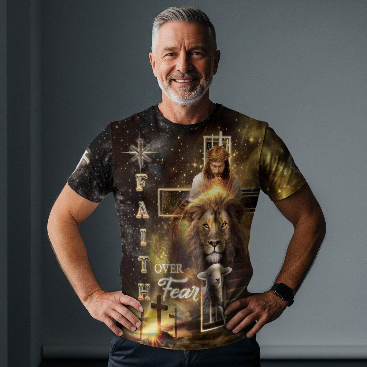 Faith Over Fear Golden Cross Christian T-Shirt