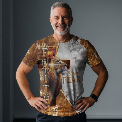 Faith Over Fear Lion & Jesus Cross Christian T-Shirt