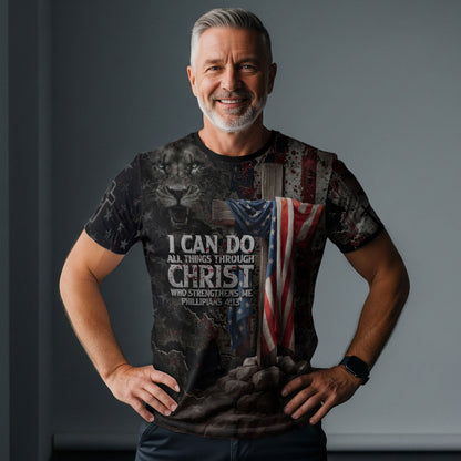 I Can Do All Things Through Christ American Flag Cross Jesus Lion Christian T-shirt