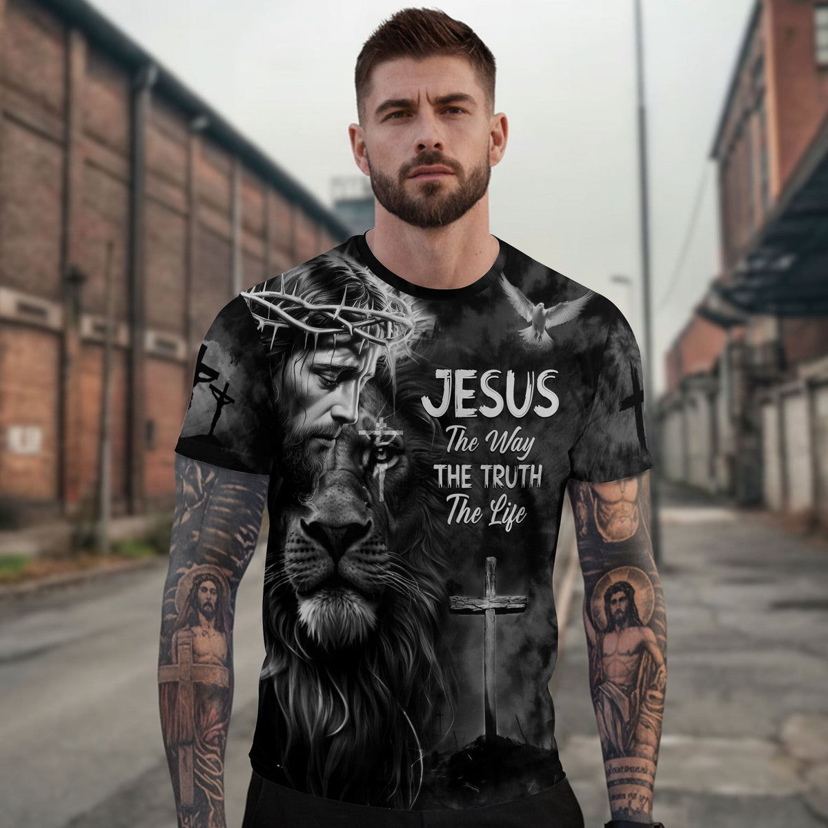 Black And White Jesus Lion Of Judah Cross The Way The Truth The Life T-Shirt