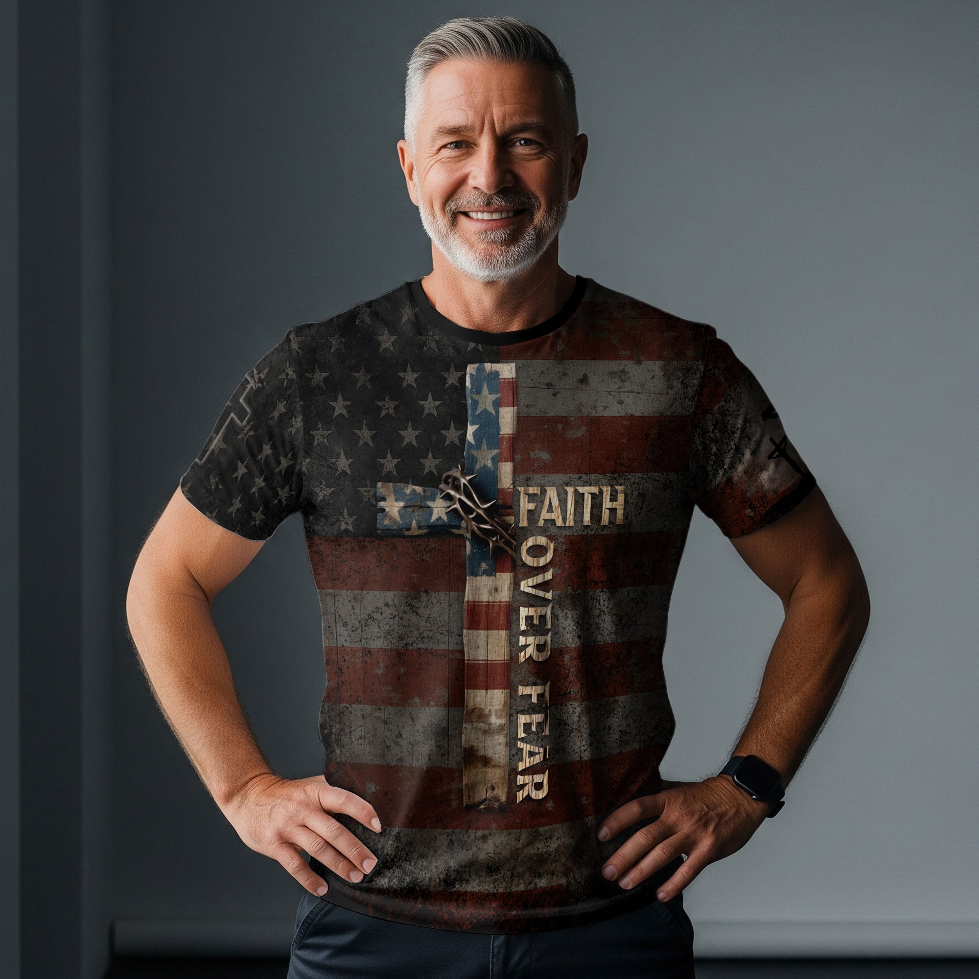 Faith Over Fear Cross American Flag Lion of Judah Jesus Christian T-Shirt