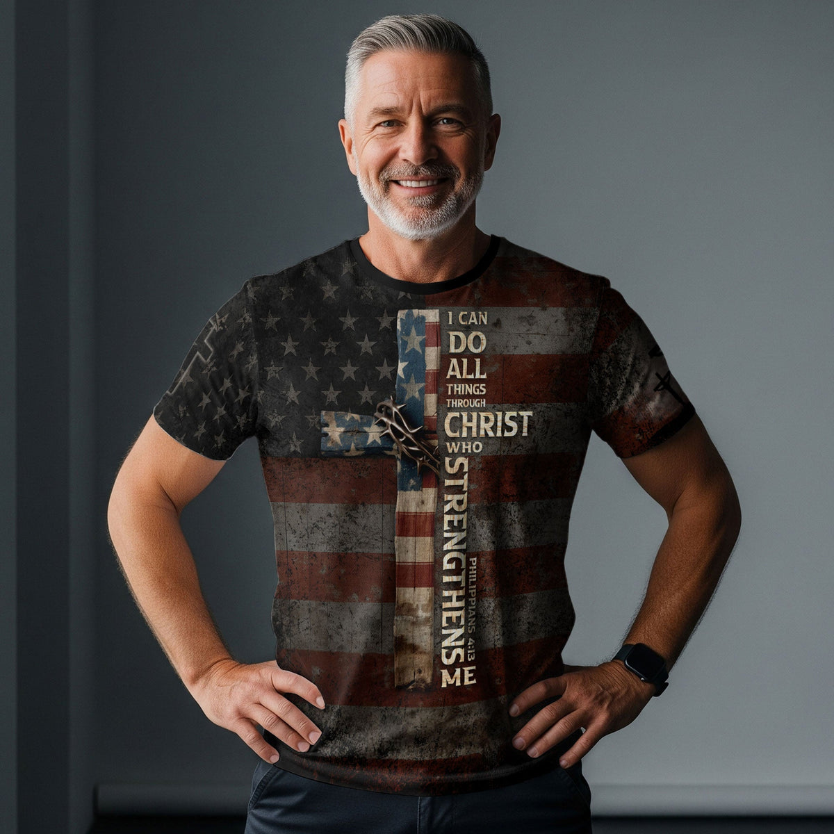 I Can Do All Things Through Christ Cross American Flag Jesus Lion T-Shirt