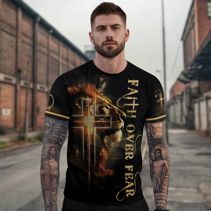 Faith Over Fear Lion and Cross Double-Sided Christian T-Shirt