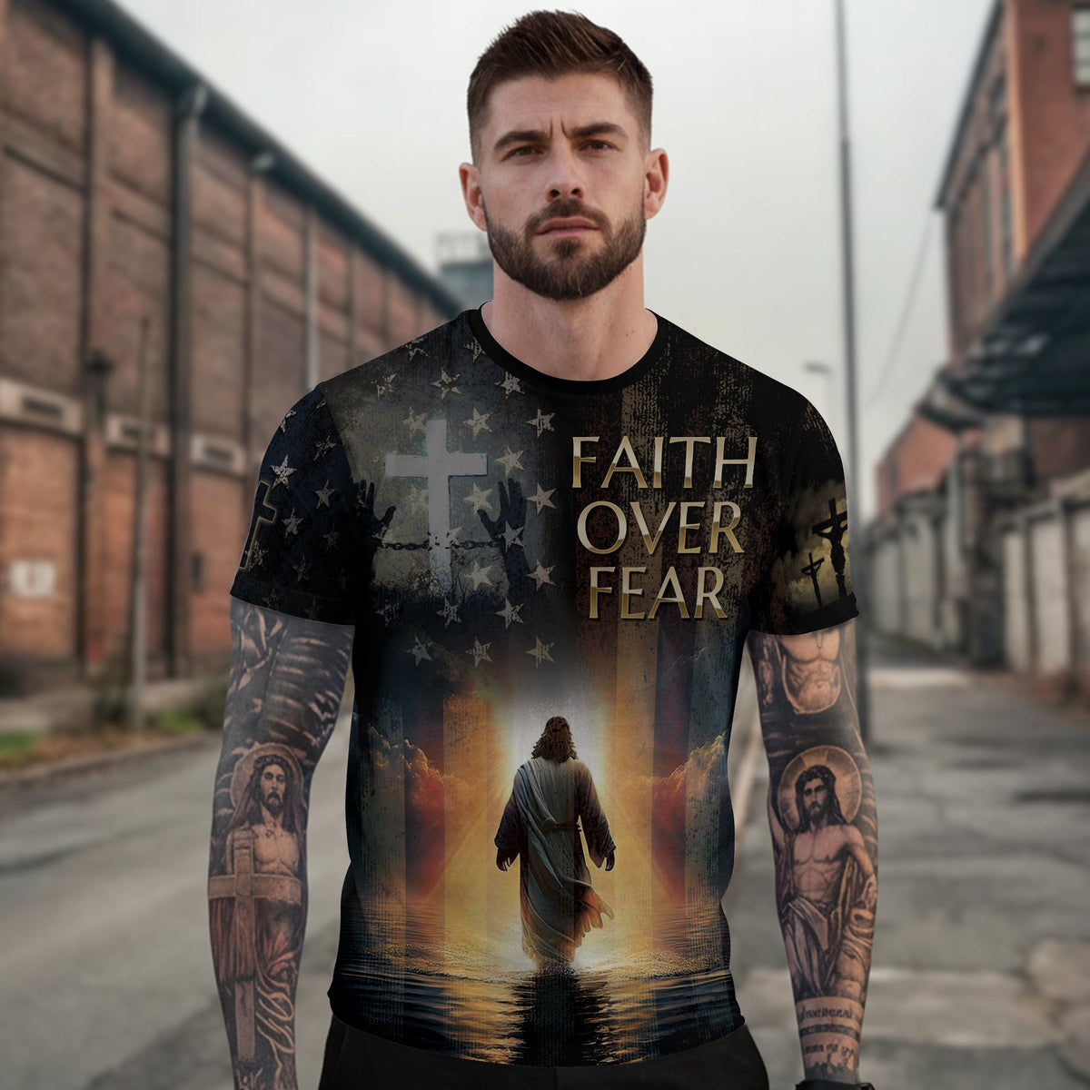 Faith Over Fear Jesus Walks On Water Christian Patriotic T-Shirt