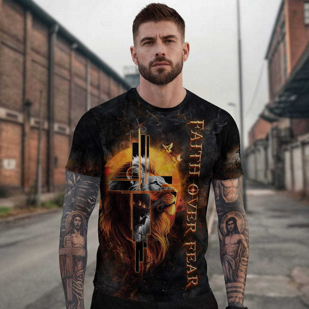 Faith Over Fear Cross Lion & Jesus T-Shirt