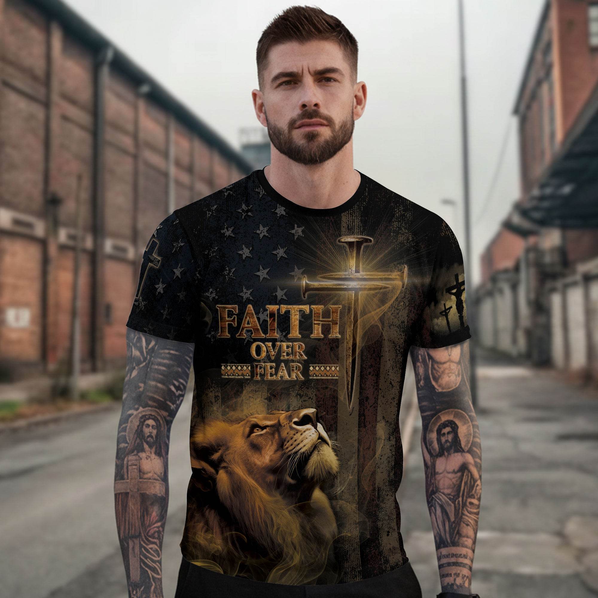 Faith Over Fear | Lion of Judah & Patriot Cross Design