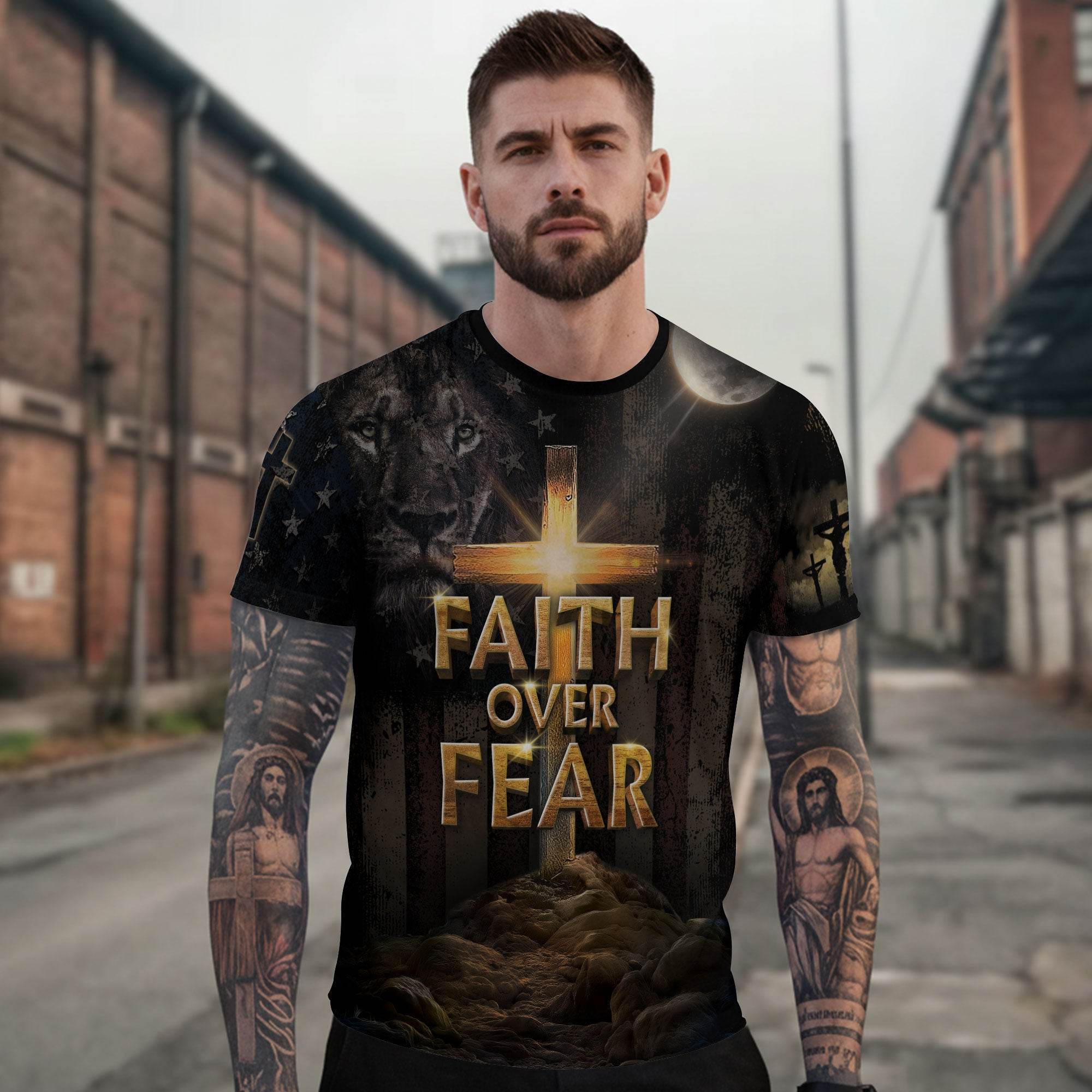 Faith Over Fear | Cross of Light & Warrior Lion Christian Shirt