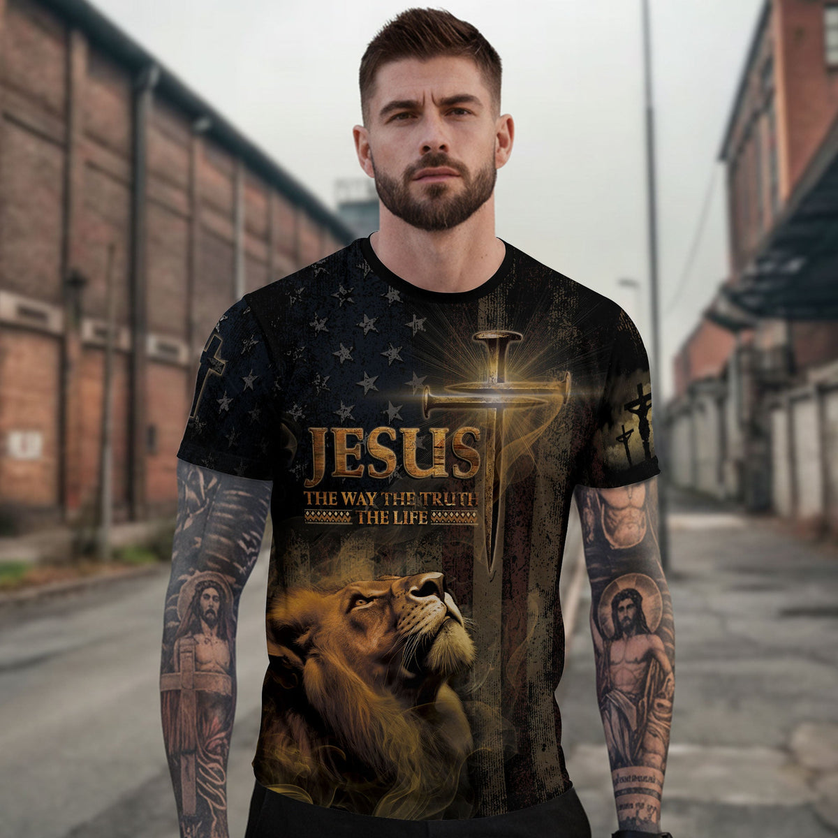 Jesus: Truth & Freedom | Lion, Flag & Cross Patriotic Christian Wear
