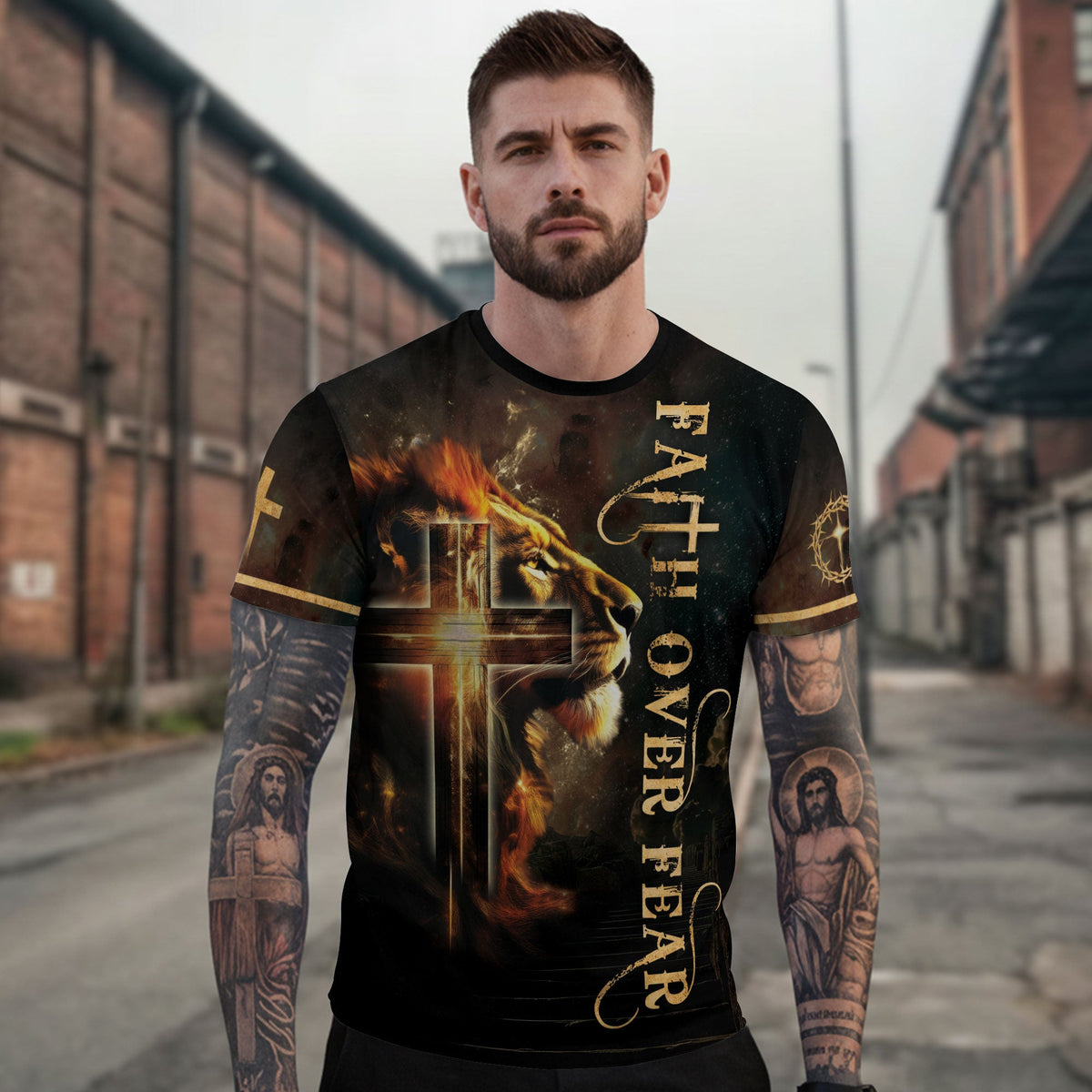 Faith Over Fear with Fiery Lion & Glowing Cross – Christian T-Shirt