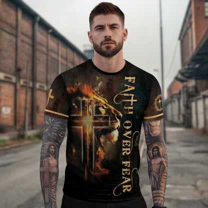 Faith Over Fear with Fiery Lion & Glowing Cross – Christian T-Shirt
