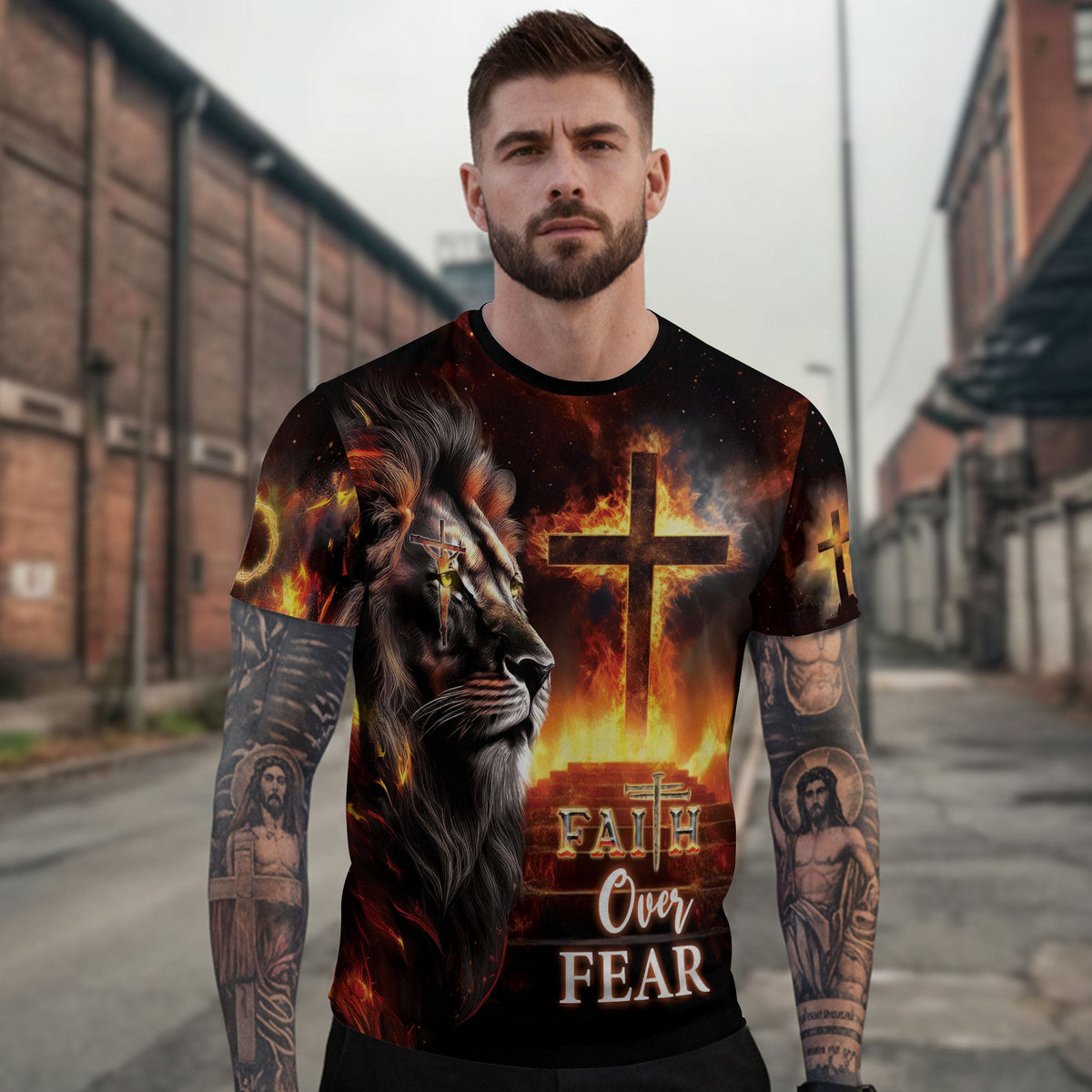 Fiery Cross & Lion Faith Over Fear T-Shirt