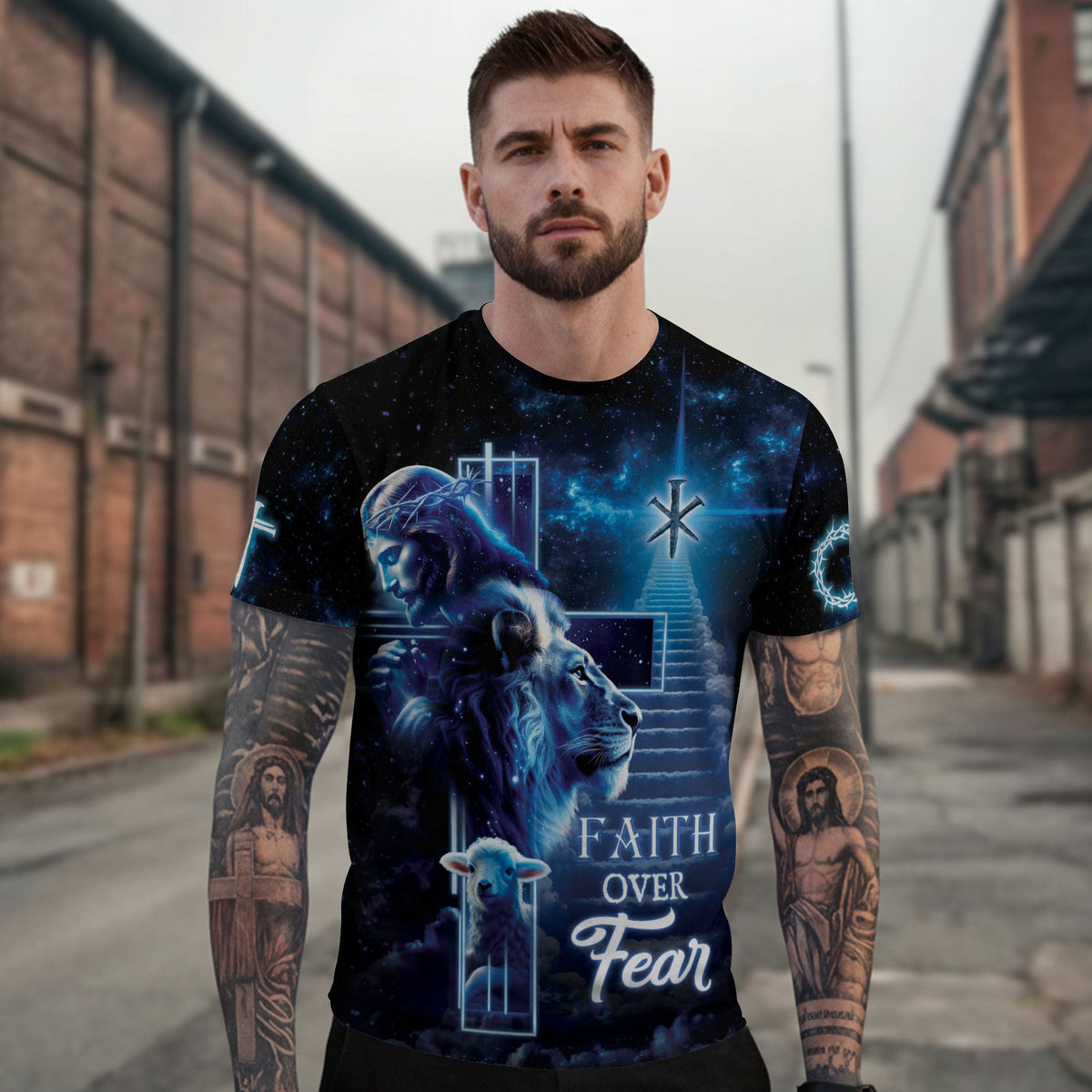 Faith Over Fear – Heaven’s Lion, Lamb & Cross Vision T-Shirt