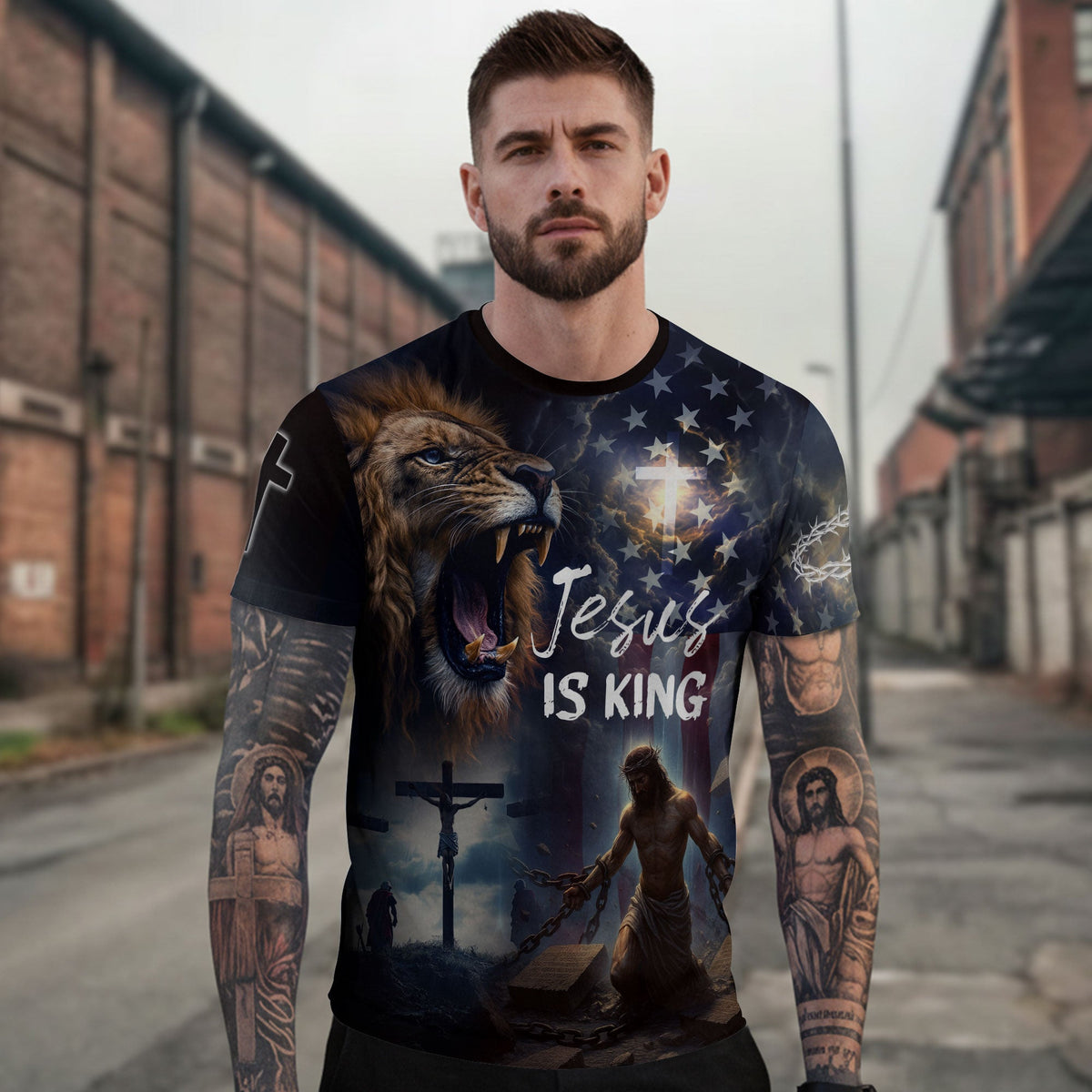 Jesus Is King Lion & Cross Christian T-Shirt