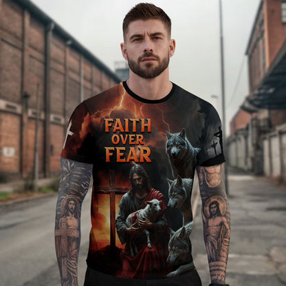 Faith Over Fear Jesus Protecting the Lamb Among Wolves Christian T-Shirt